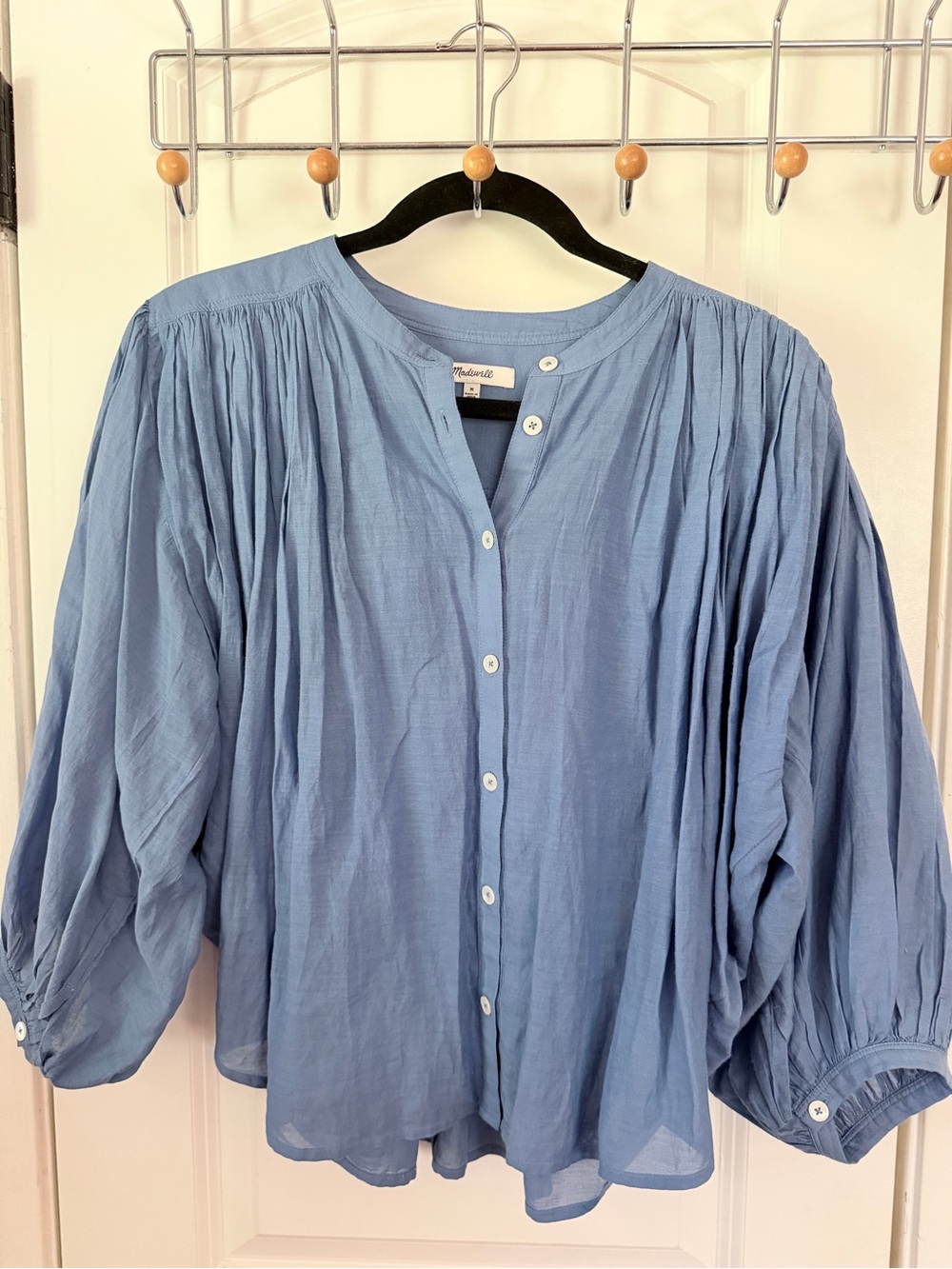 Madewell Blue Button-Front Pleated Peasant Blouse